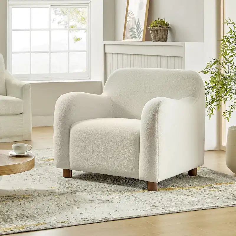 Bouclé Teddy-accentstoel van 35 inch met bekleding en poten van massief hout