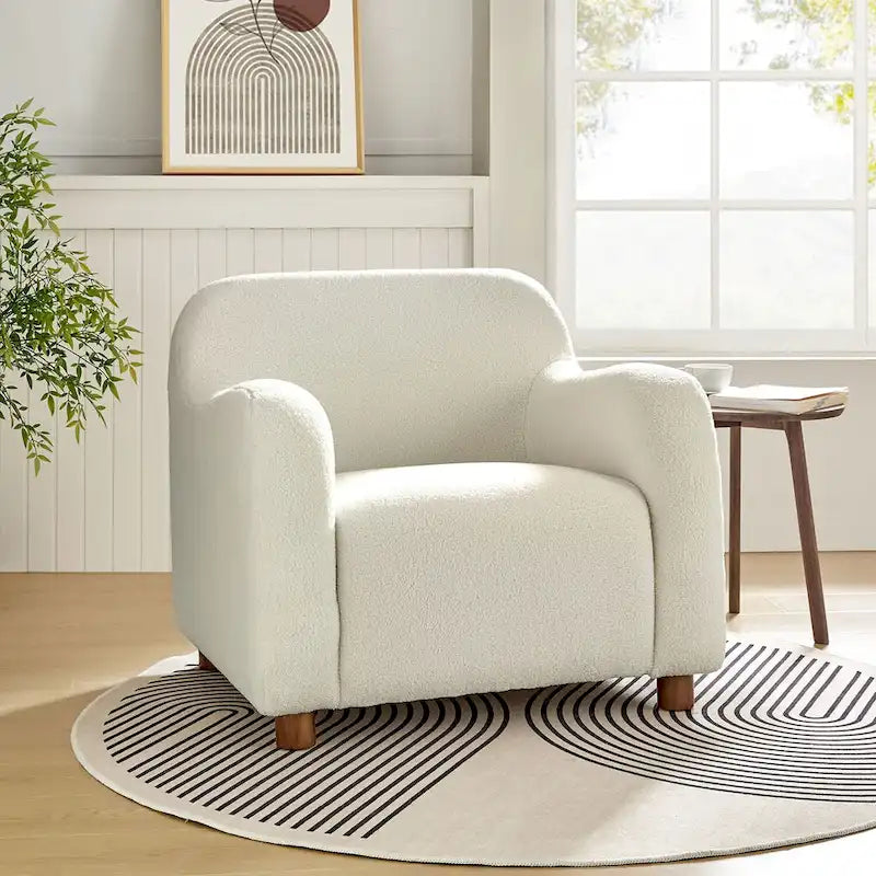Bouclé Teddy-accentstoel van 35 inch met bekleding en poten van massief hout