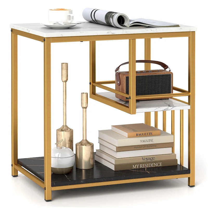 3-stufiger Beistelltisch in Marmoroptik mit goldenem Gestell