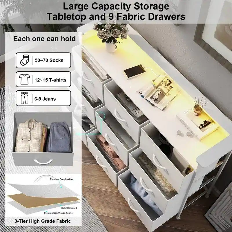 Commode blanche pour chambre avec bande lumineuse LED, meuble de rangement à tiroirs multiples pour chambre