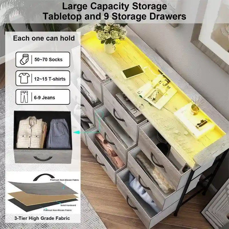 Commode blanche pour chambre avec bande lumineuse LED, meuble de rangement à tiroirs multiples pour chambre