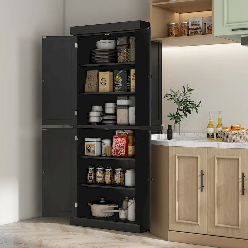 72.5 Kitchen Pantry Storage Cabinet, Freestanding Kitchen Cupboard with 4 Doors and Adjustable Shelves for Dining Room, MDF