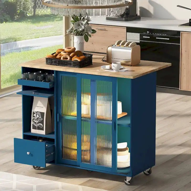 Houten keukeneiland van 44.03 inch met ledverlichting, klepdeuren en glazen schuifdeuren