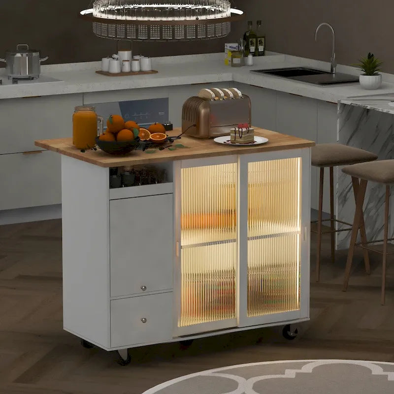 Houten keukeneiland van 44.03 inch met ledverlichting, klepdeuren en glazen schuifdeuren