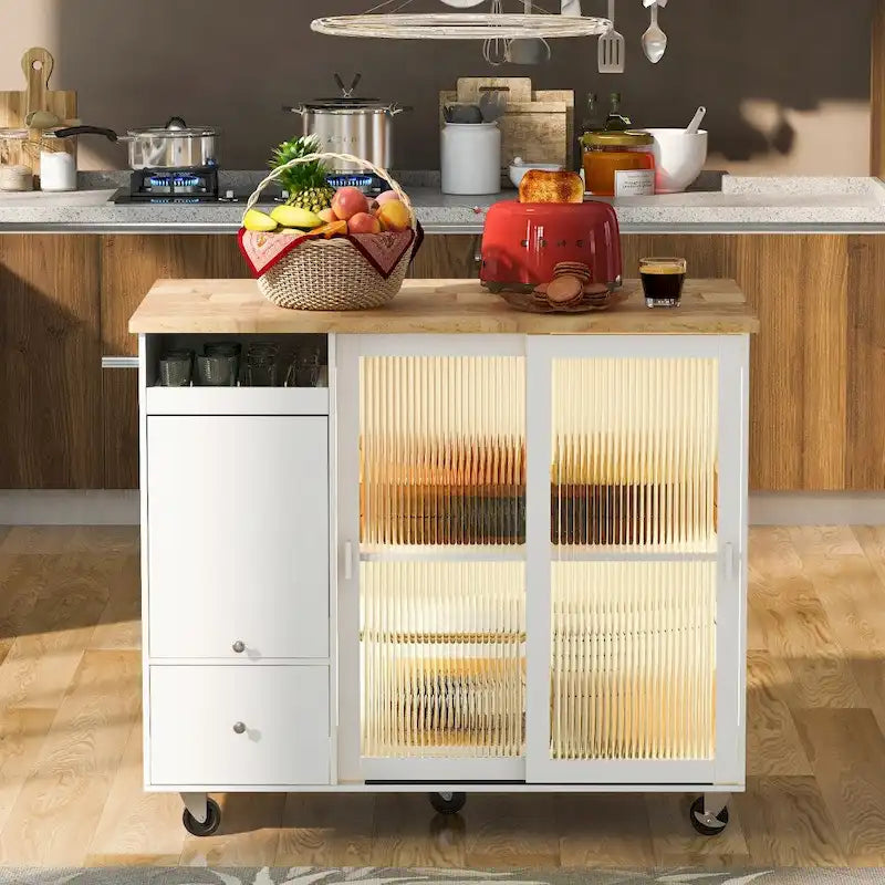 Houten keukeneiland van 44.03 inch met ledverlichting, klepdeuren en glazen schuifdeuren