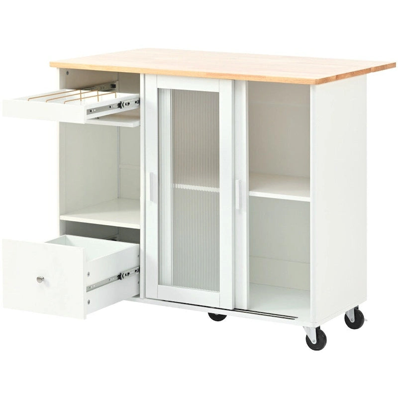 Houten keukeneiland van 44.03 inch met ledverlichting, klepdeuren en glazen schuifdeuren