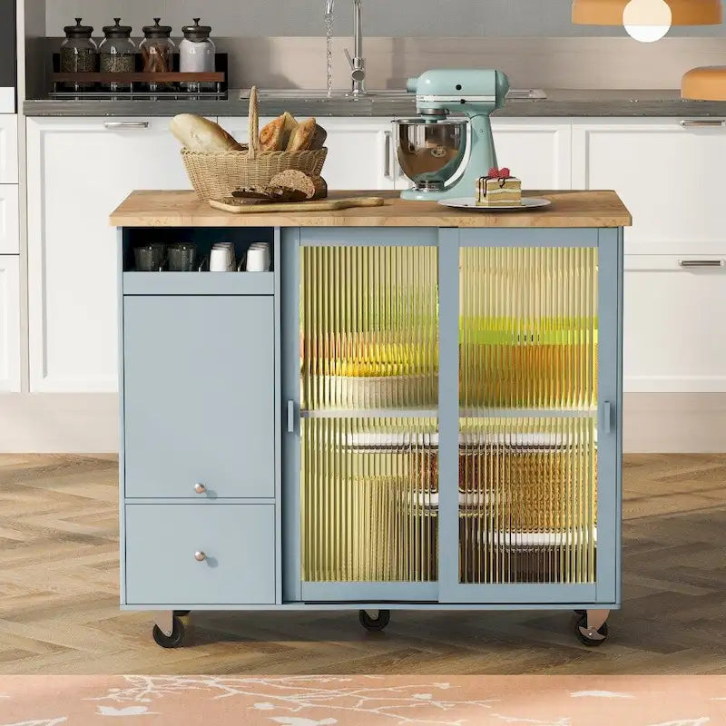 Houten keukeneiland van 44.03 inch met ledverlichting, klepdeuren en glazen schuifdeuren