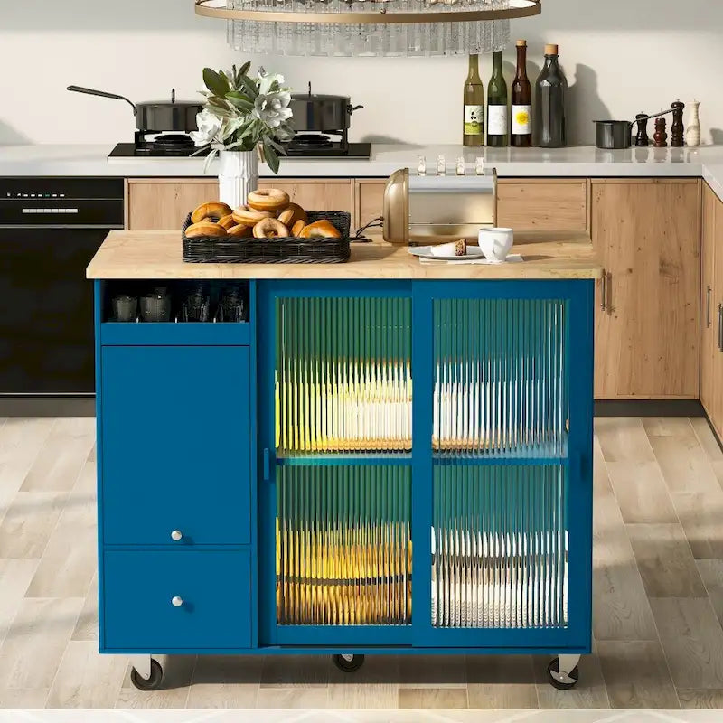 Houten keukeneiland van 44.03 inch met ledverlichting, klepdeuren en glazen schuifdeuren
