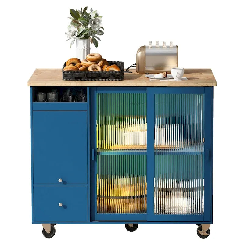 Houten keukeneiland van 44.03 inch met ledverlichting, klepdeuren en glazen schuifdeuren