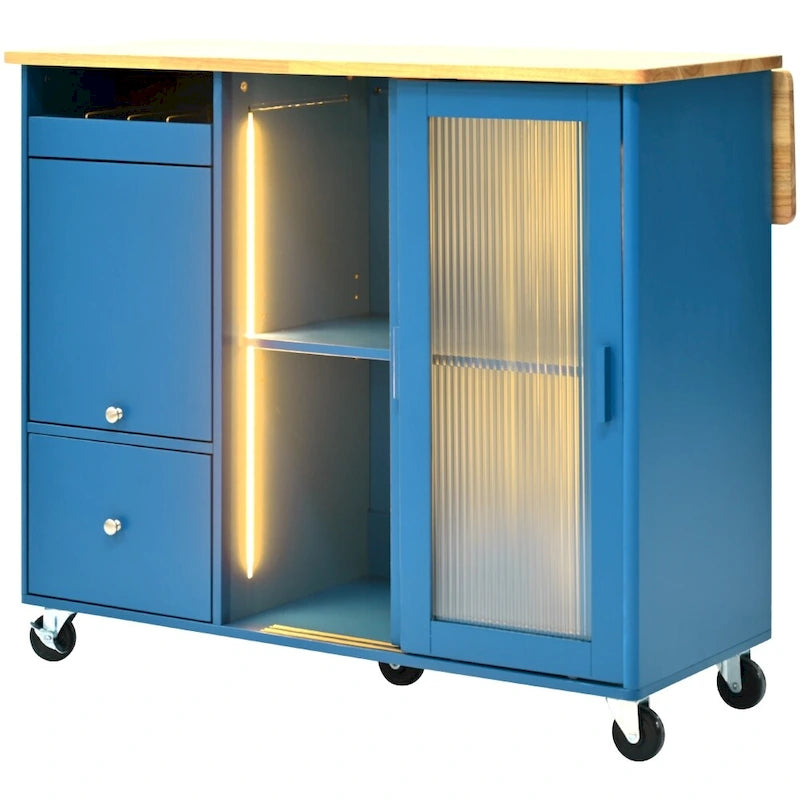Houten keukeneiland van 44.03 inch met ledverlichting, klepdeuren en glazen schuifdeuren