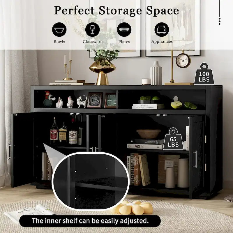4-door Classic Sideboard with Open Storage and Adjustable Shelves Perfect for kitchens, living rooms