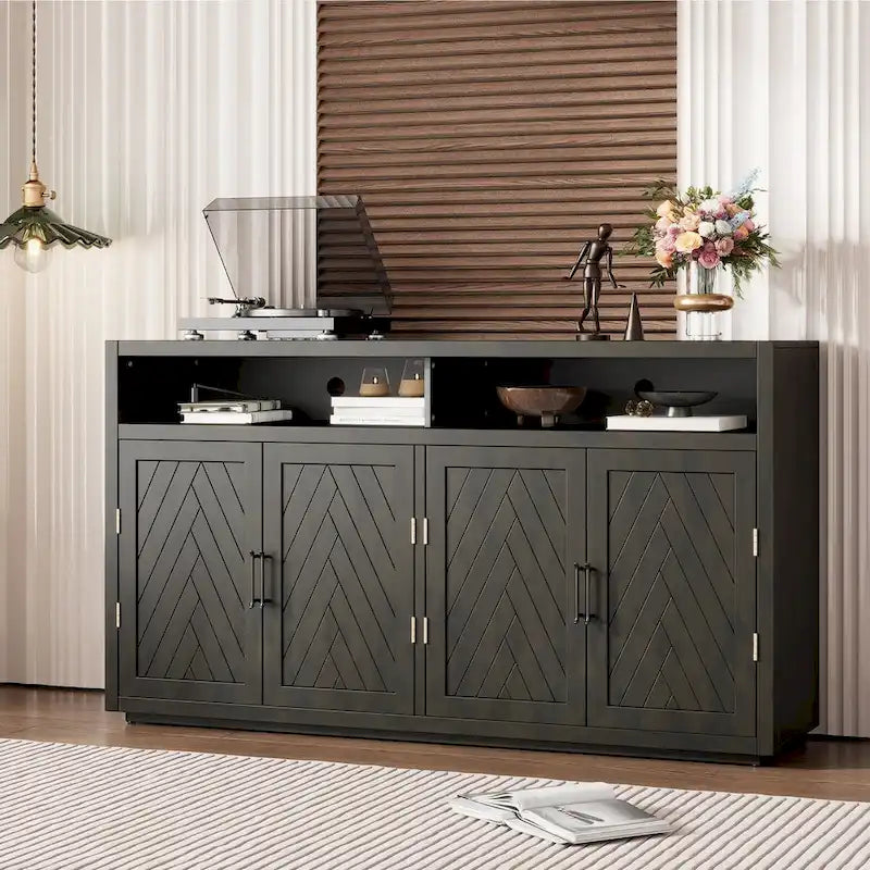 4-door Classic Sideboard with Open Storage and Adjustable Shelves Perfect for kitchens, living rooms