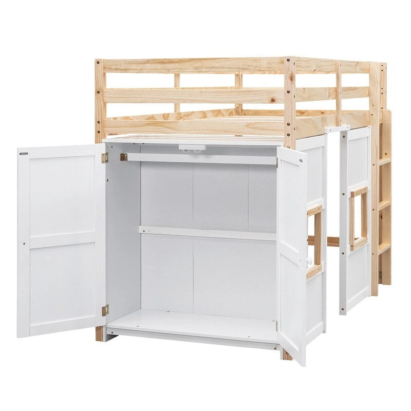 Letto a soppalco matrimoniale con armadio contenitore integrato e 2 finestre