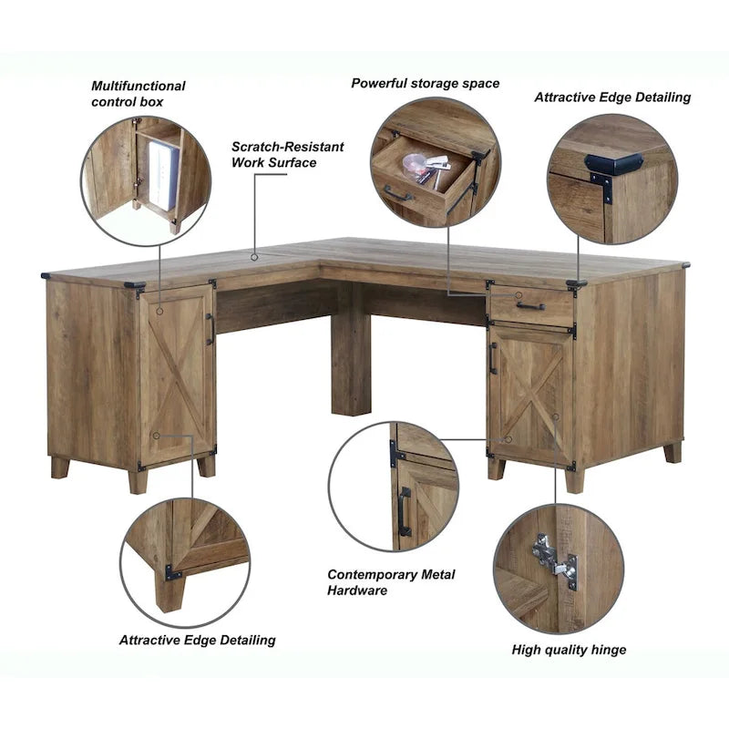 Oxford Farmhouse Rustic Oak L-Shaped Desk